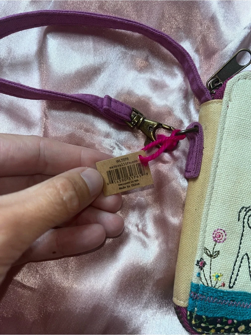 NATURAL LIFE Canvas Wristlet with Purple Strap and Pink Stitching